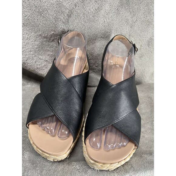 Clarks Shoes - Clarks Women’s 11  Kimmei Wedge Sandal Black Leather Cross Wide Strap Slingback
